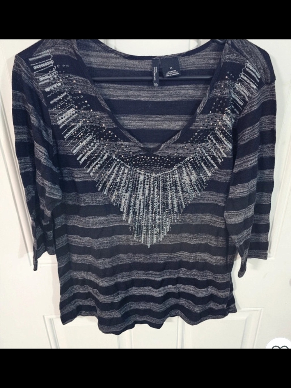 new directions Black and Gray Striped V‑Neck Long Sleeve Sweater